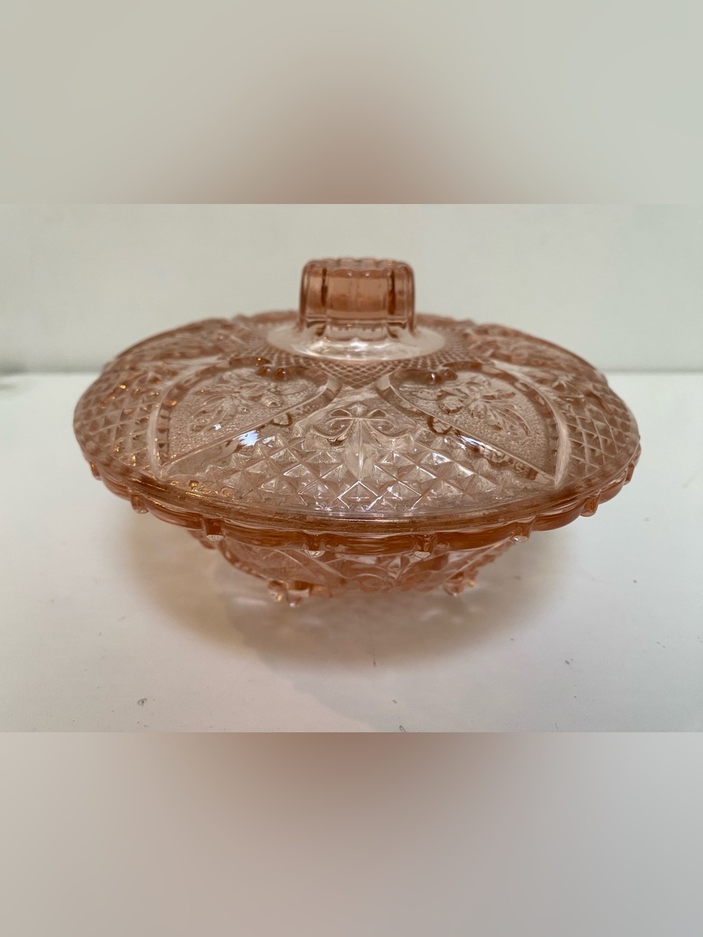 KIG Malaysia Vintage Pink Depression Glass 7" Candy Dish w/Lid Roses Hearts